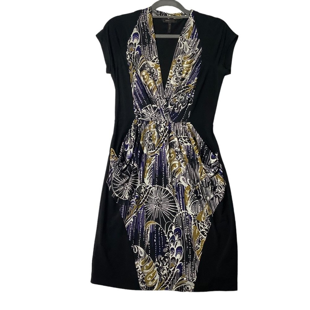 BCBGMAXAZRIA Dress Women Small Celestial‎ Paisley Deep V-Neck Pockets NO BELT